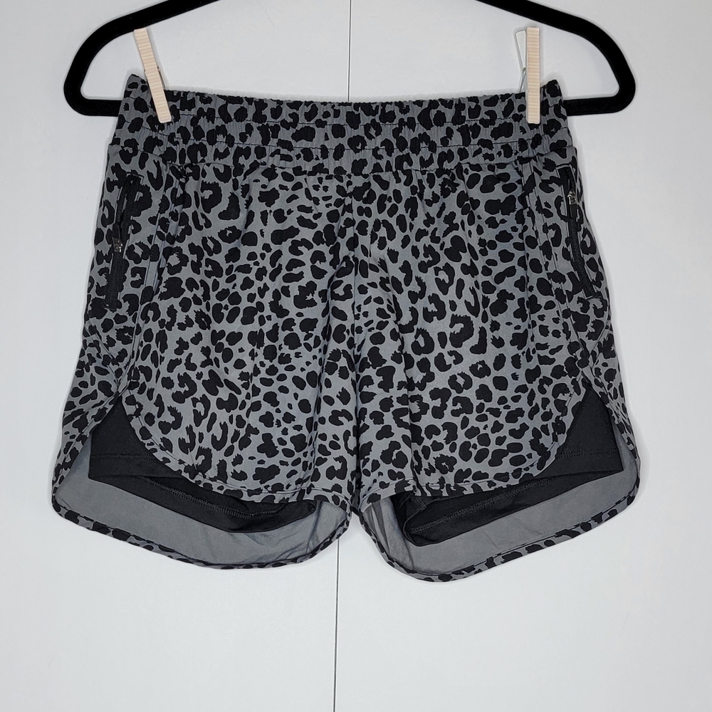 Avia Leopard Print Running Shorts Gray Black Built-In Liner Zip Pocket Size S